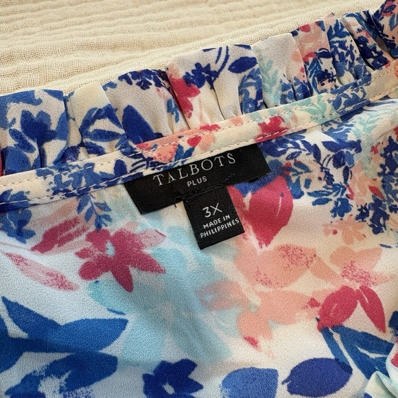 Talbots Blouse Ruffle Trim Popover Too Women's Sz 3X Plus Blue Pink Floral Sheer - Picture 2 of 9